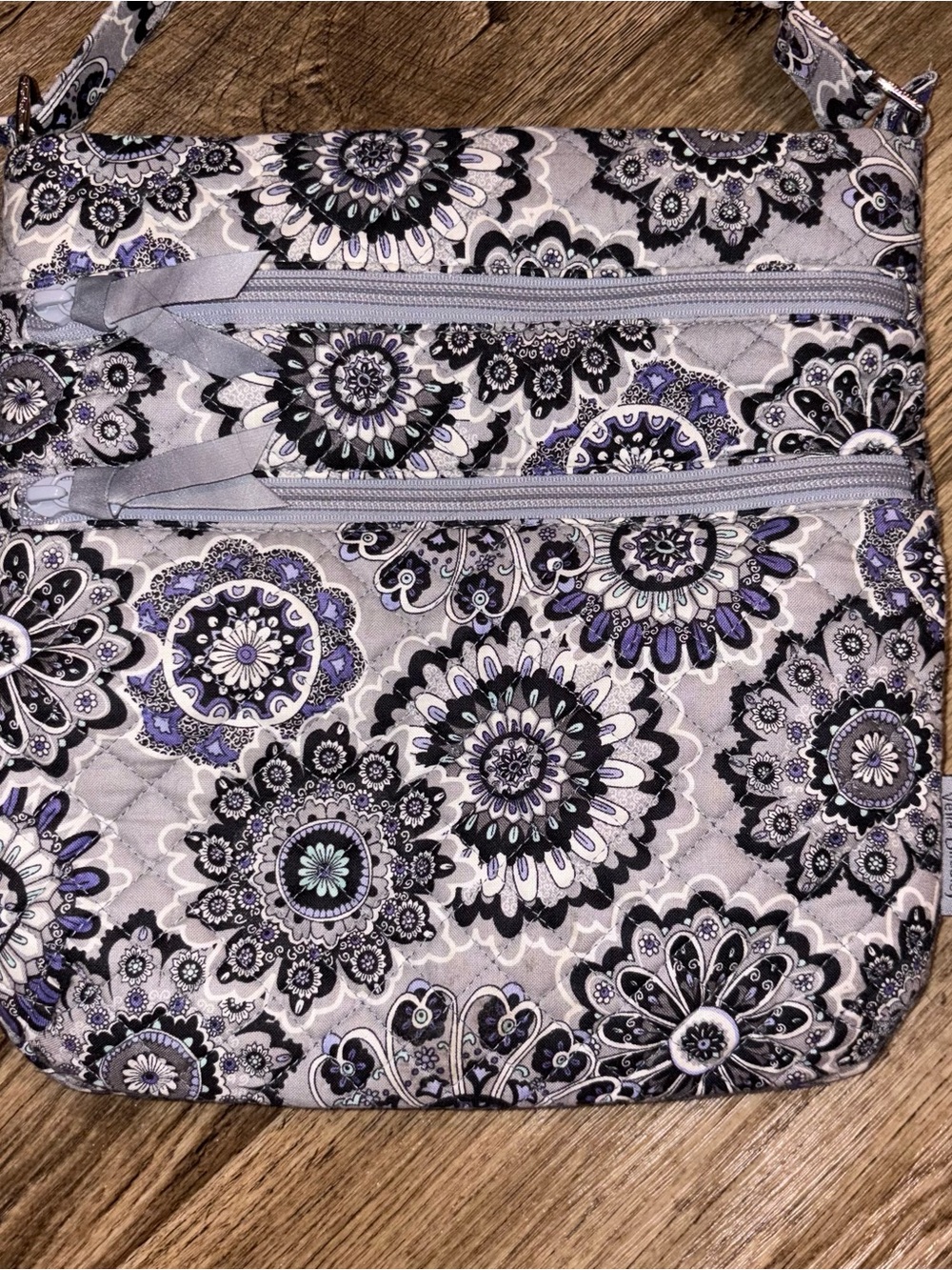 Quilted gray and purple medallion pattern triple zip Vera Bradley crossbody bag